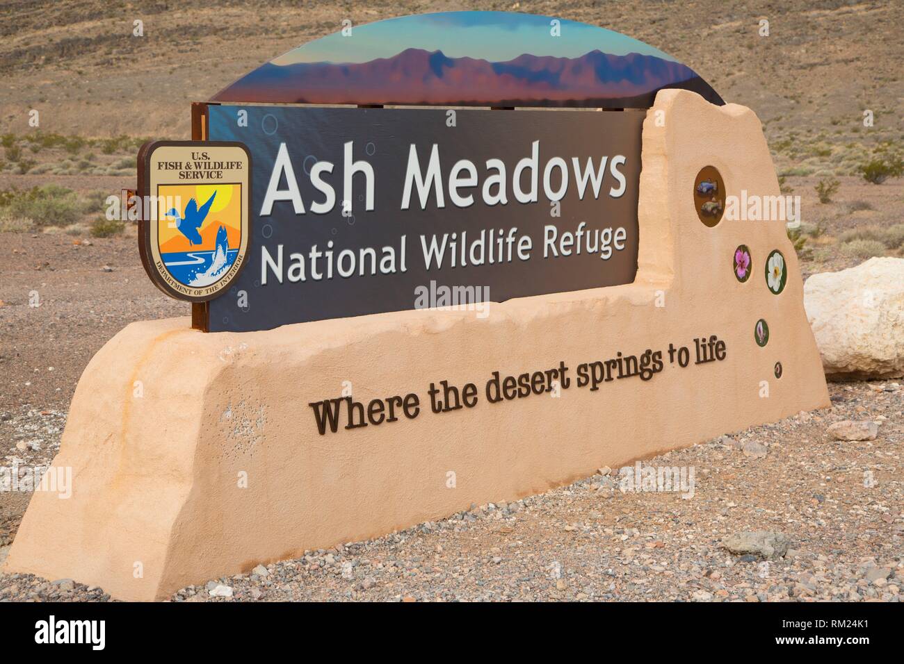 Entrance sign, Ash Meadows National Wildlife Refuge, Nevada. Stock Photo