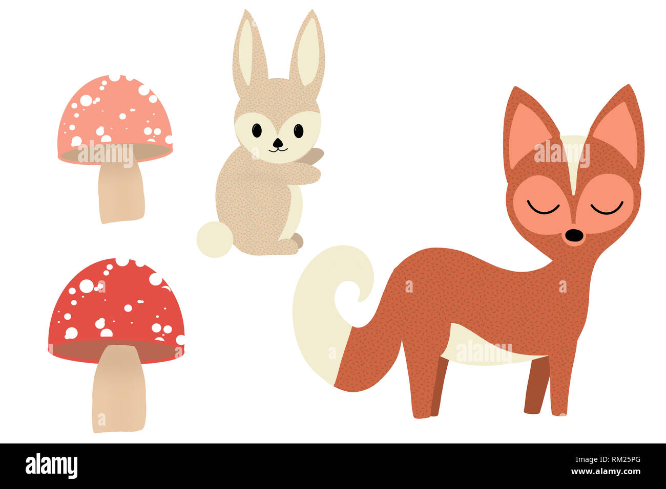 Cute Fox, Rabbit and Mushrooms isolated on white, hand drawn Illustration. Stock Photo