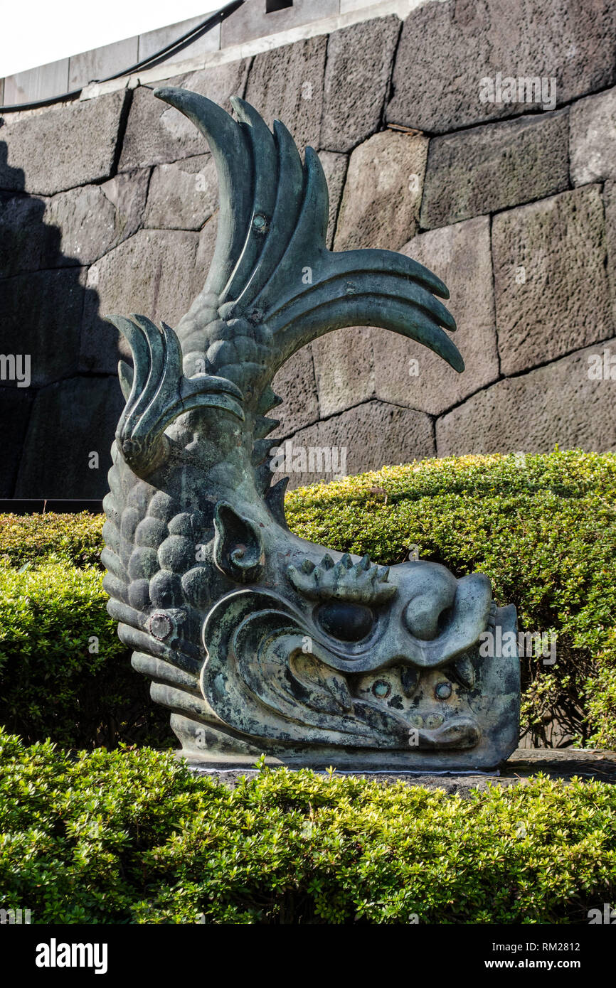 Shachihoko shibi (a roof adornment in the shape of a carp with the head of a tiger) from the Ote-mon gate of the Imperial Palace in Tokyo, Japan Stock Photo