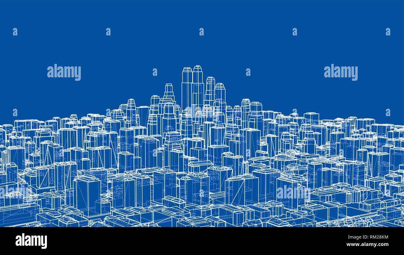 Wire-frame City, Blueprint Style Stock Vector