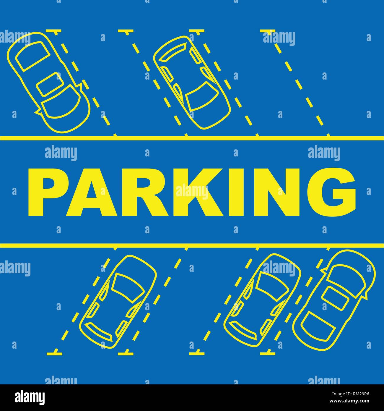 Parking area with places and parked cars and with text Stock Vector