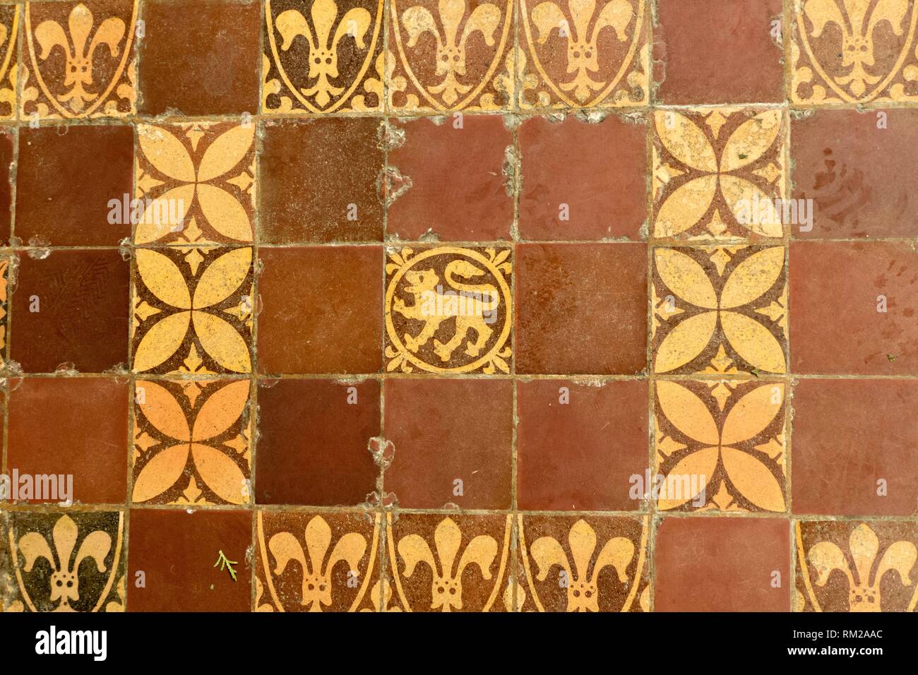 Medieval terracotta tiles showing repeating geometric patterns and fleur de lis and lions passant heraldic motifs in Hereford Cathedral, Hereford, Stock Photo