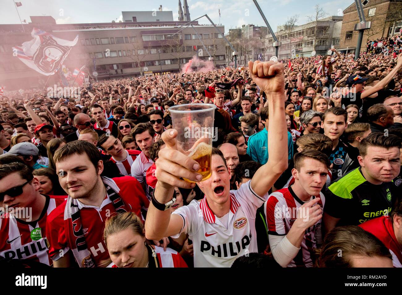 EINDHOVEN - PSV Eindhoven's fans celebrate their team's win of the Dutch Eredivisie. Stock Photo