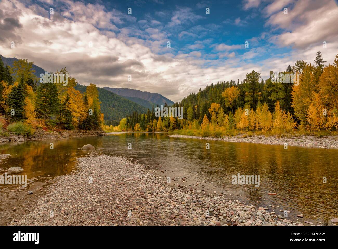 Fall on the Middle Fork of the Flathead River Glacier National Park USA. Stock Photo