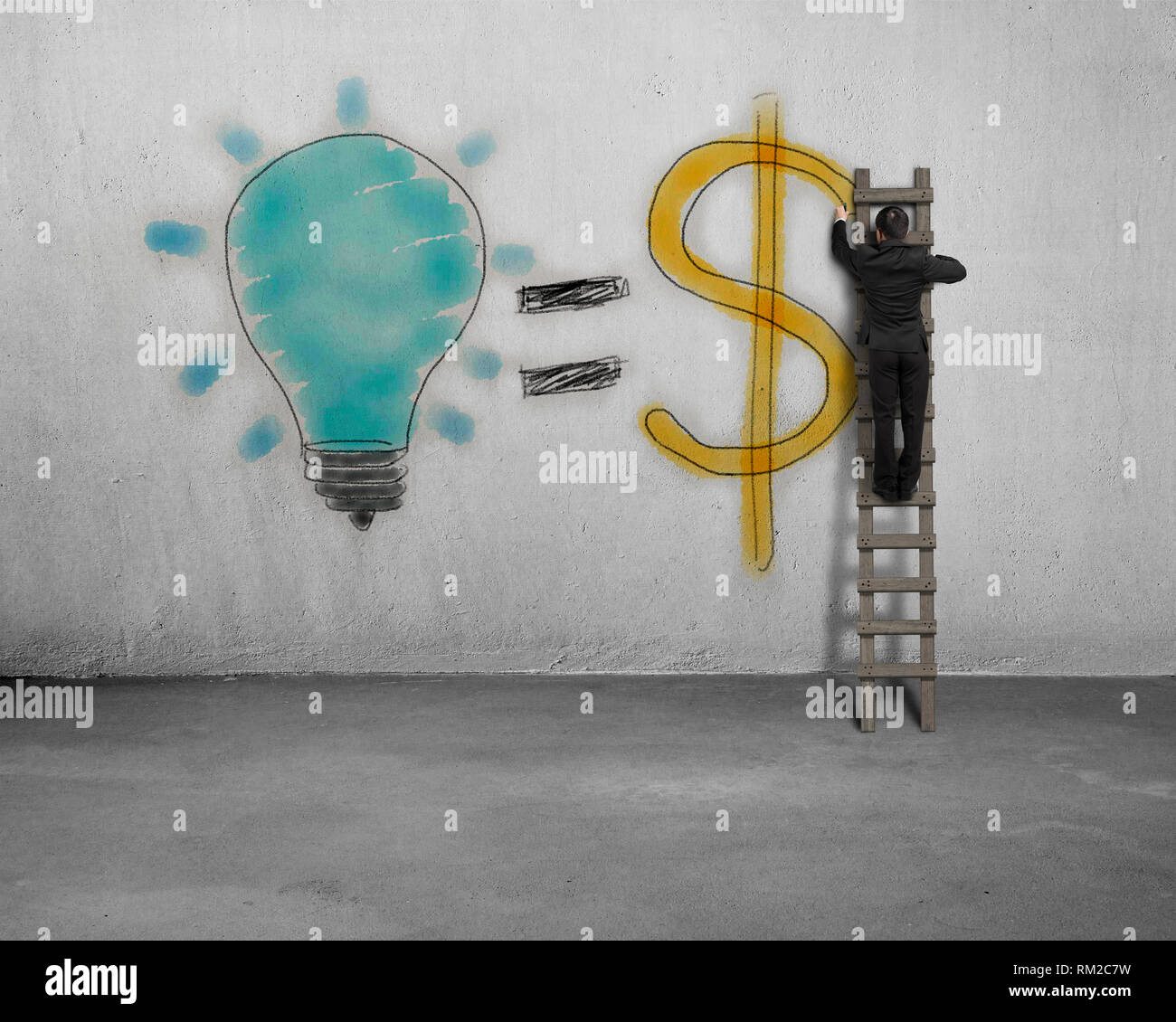 Drawing idea is money concept on wall Stock Photo