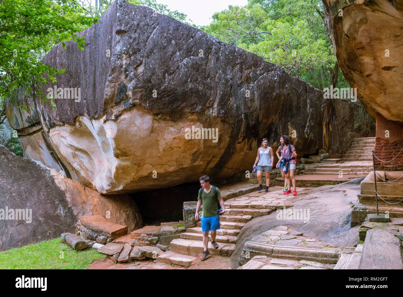 Boulder serving as the Audience Hall of the Royal City Complex of King Kasyapa, Boulder Gardens of Sigiriya Lion Rock Fortress, Ancient City of Stock Photo