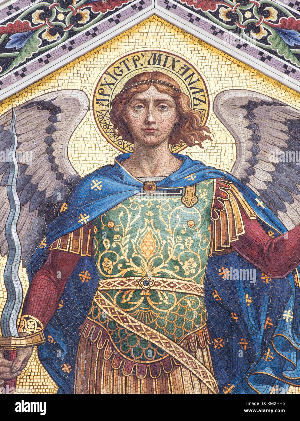 Mosaic of Saint Michael on the facade of  the Serbian Orthodox Church in Trieste Stock Photo