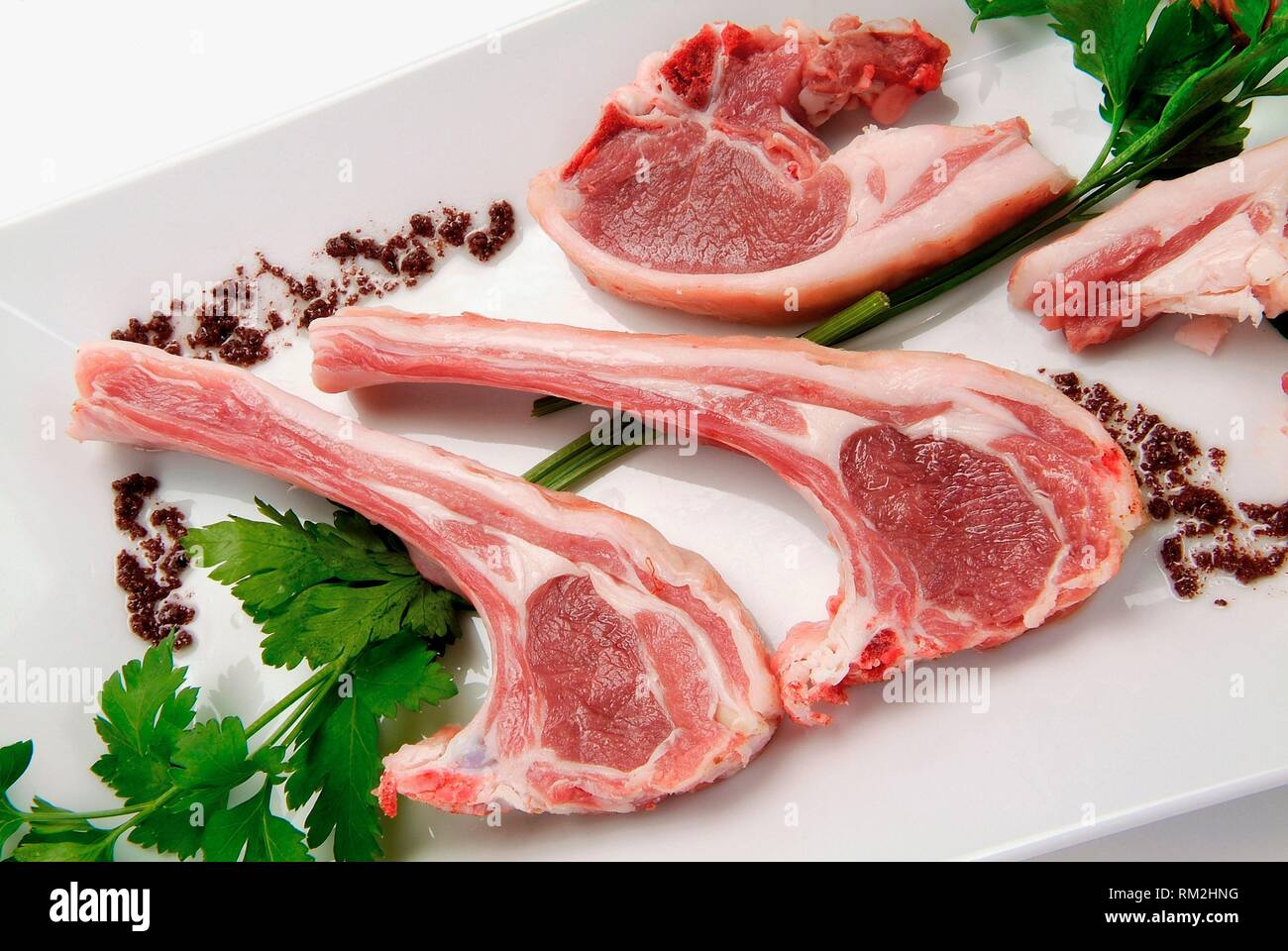 Photography studio, creative image, plate of lamb chops ready for cooking, location girona, catalonia, spain, europe. Stock Photo