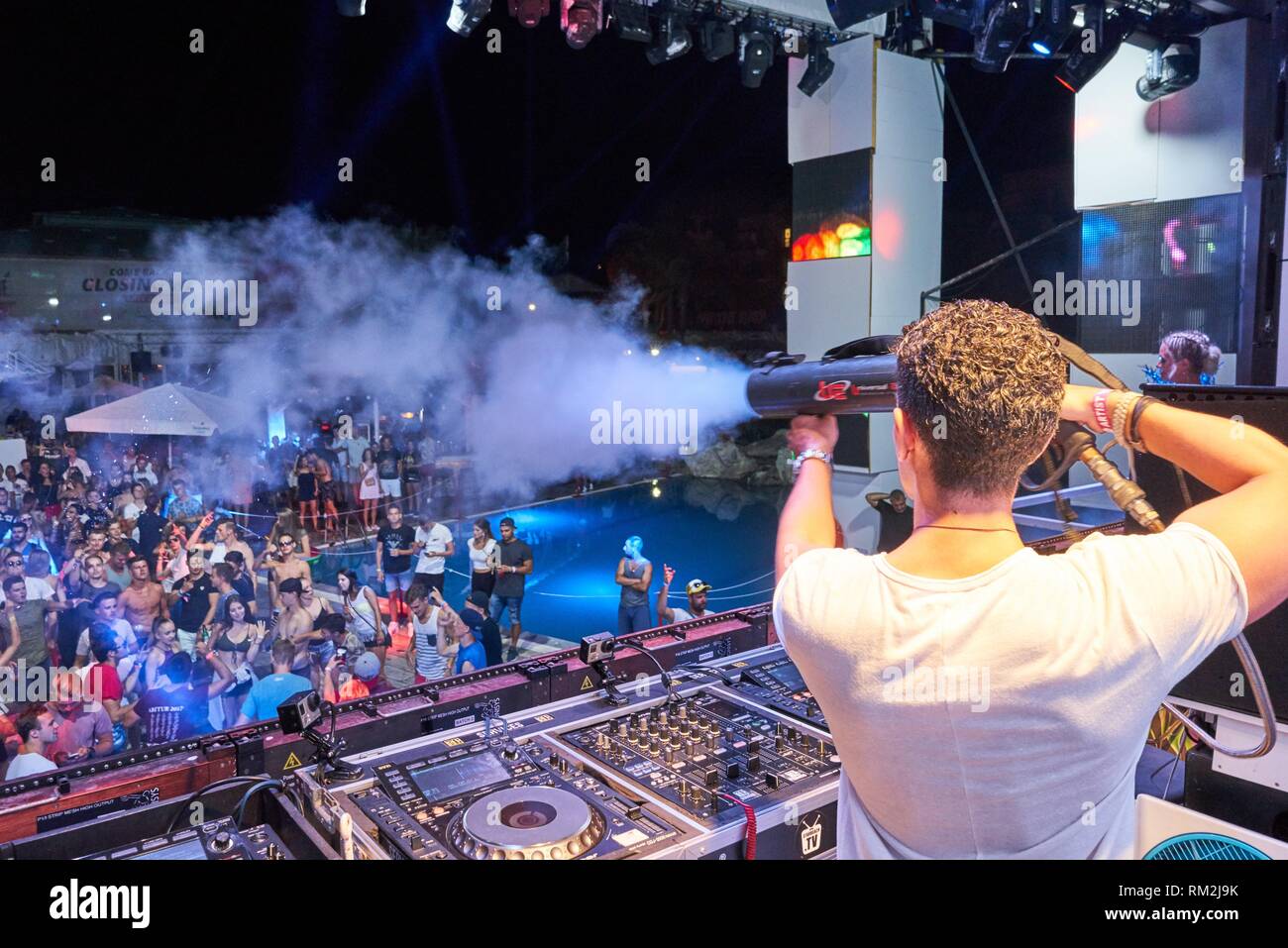 DJ Joey Dale using CO2 canon at music festival Starbeach in Hersonissos,  Crete, Greece, on 21. July 2017 Stock Photo - Alamy