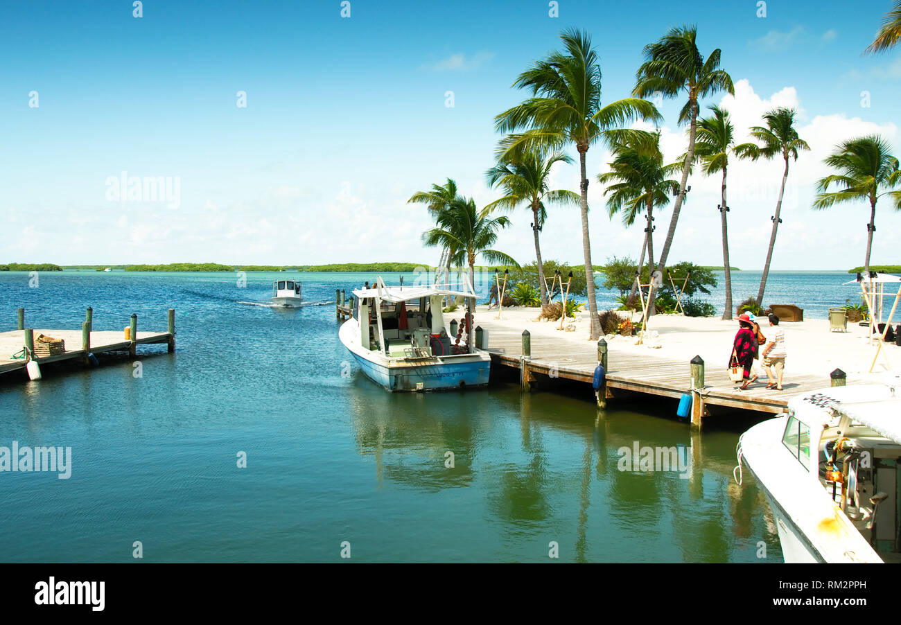 Islamorada, Florida, USA - 2019: View of a marina at the gulf side (west) of the island. Stock Photo