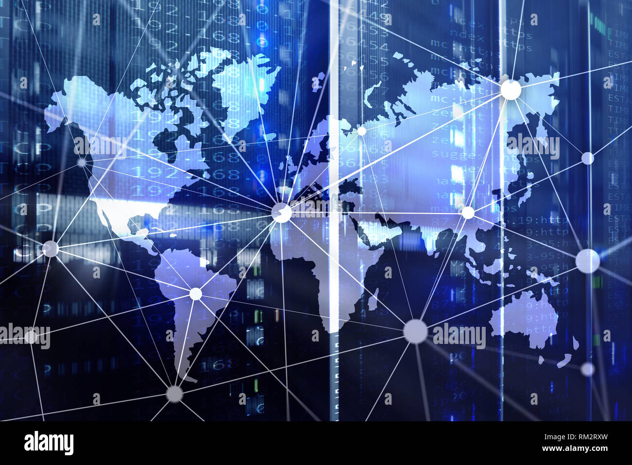 World map with communication network on server room background Stock Photo