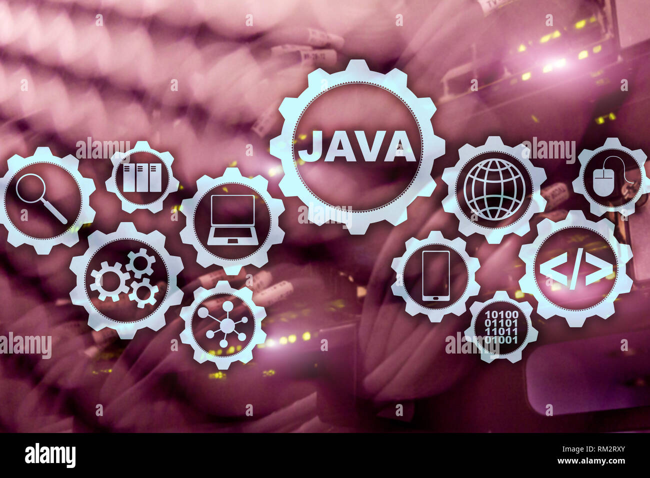 Java Programming concept. Virtual machine. On server room background ...