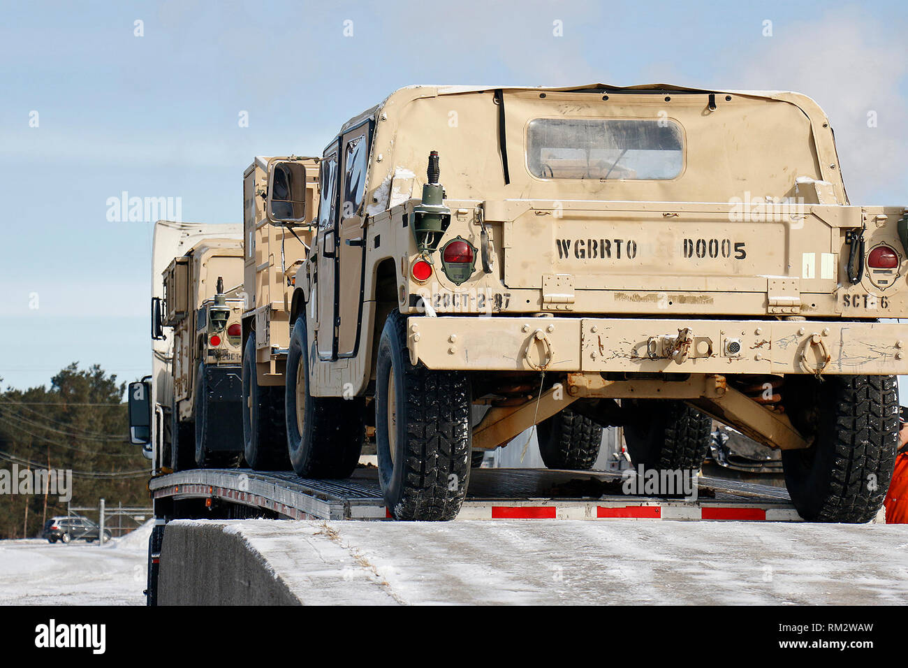 Soldiers of the 2nd Brigade Combat Team, 10th Mountain Division, load vehicles for transport to Fort Polk, Louisiana, as the brigade's rear element prepares for a series of training support missions for units across the division, February 11, 2019, at Fort Drum, New York. While half the brigade is deployed to Afghanistan and Kosovo as Task Force Courage, the remaining Commando Soldiers comprising Task Forces Honor and Hale will head to the Joint Readiness Training Center to support 10MTN readiness as a whole during a series of back-to-back series of training exercises.(U.S. Army photo by Staff Stock Photo
