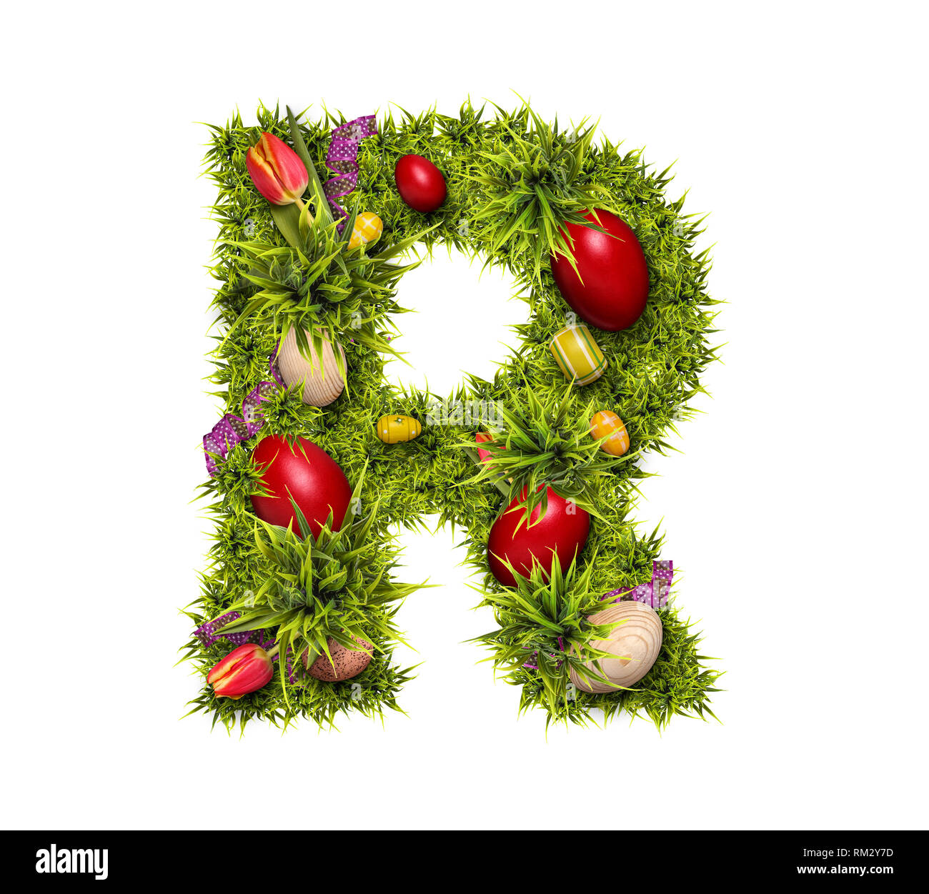 Easter holiday letter R made of fresh green grass and Easter eggs ...