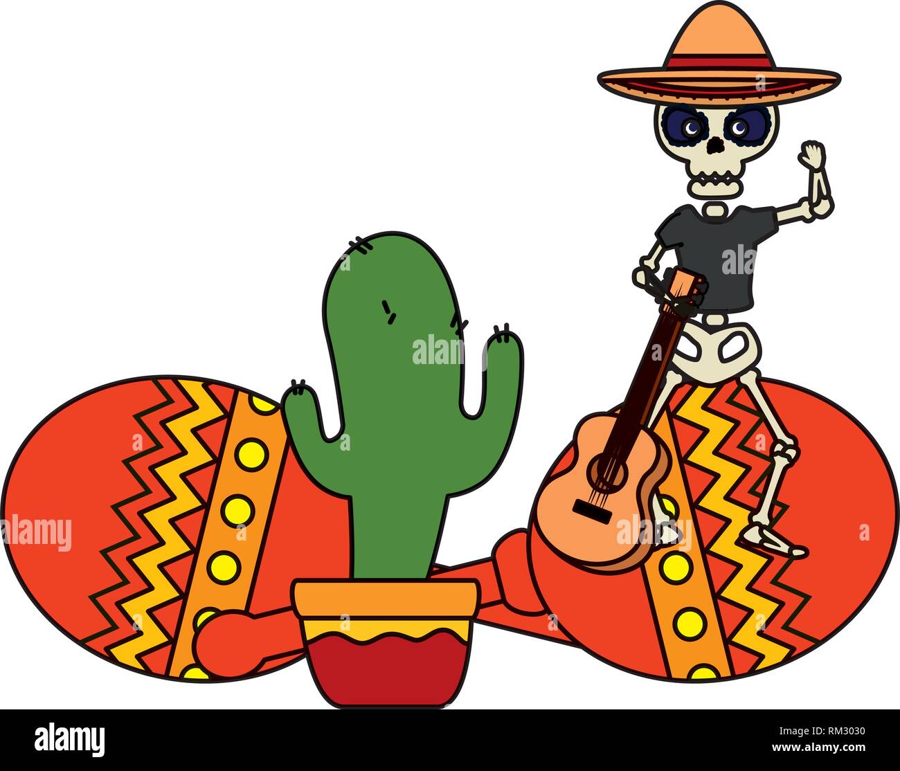skeleton mexican with hat and maracas vector illustration design Stock ...