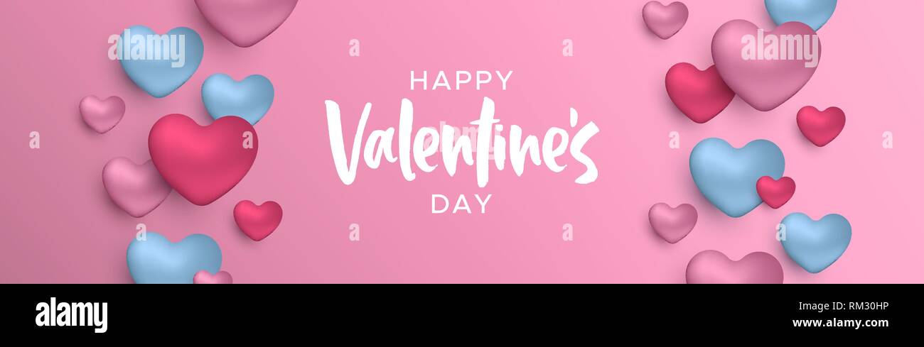 Happy Valentines Day love concept web banner. Realistic 3d heart shape ...