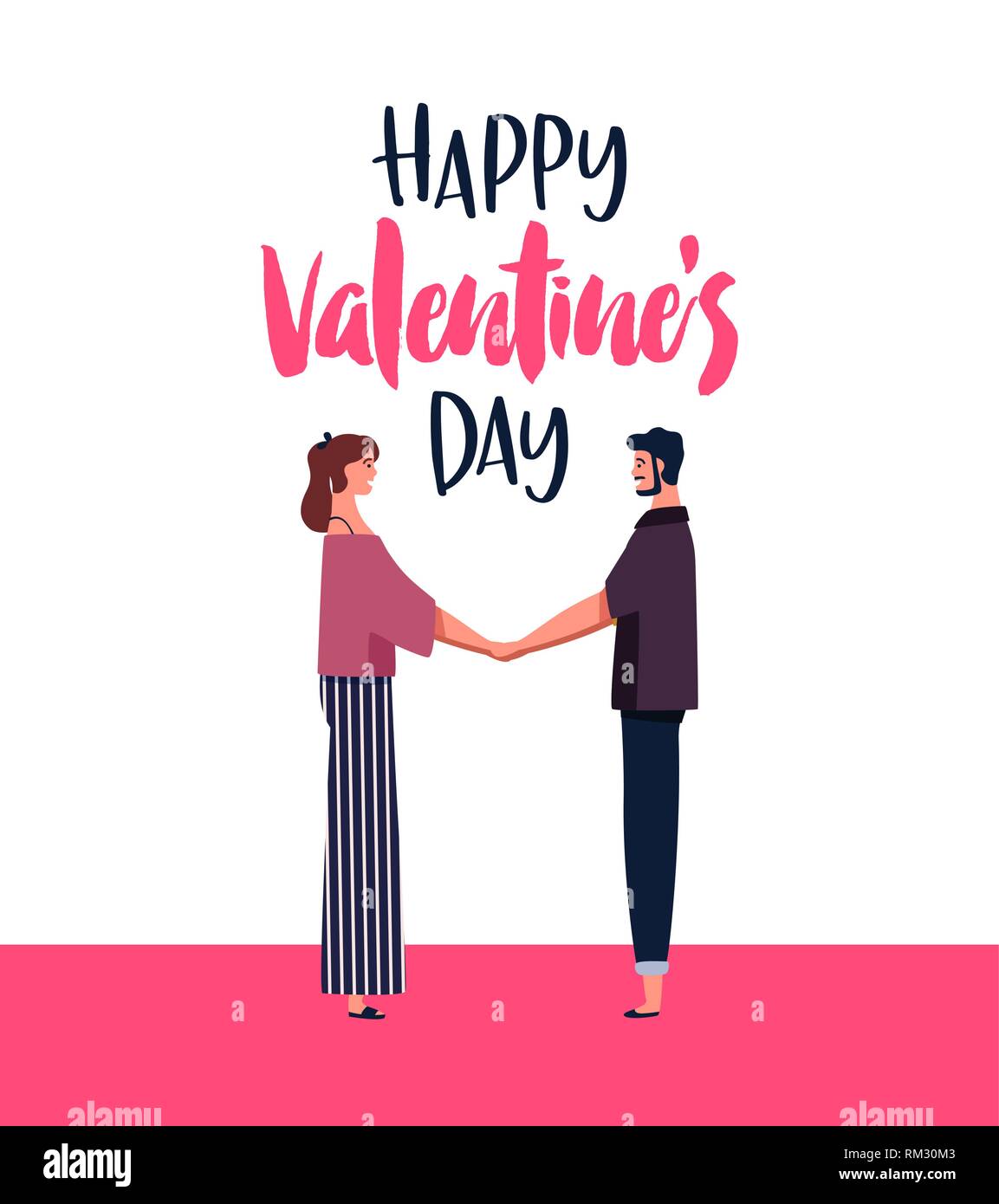 Happy Valentines Day card illustration. Young couple holding hands