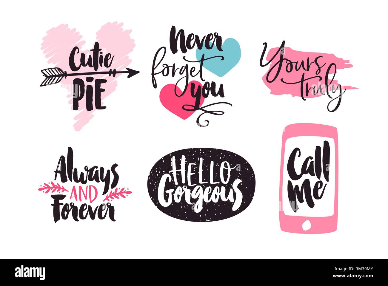 Valentines Day Calligraphy Text Quote Collection Set Of Hand Drawn Pink Typography Doodles With Cute Love Messages On Isolated White Background Stock Vector Image Art Alamy