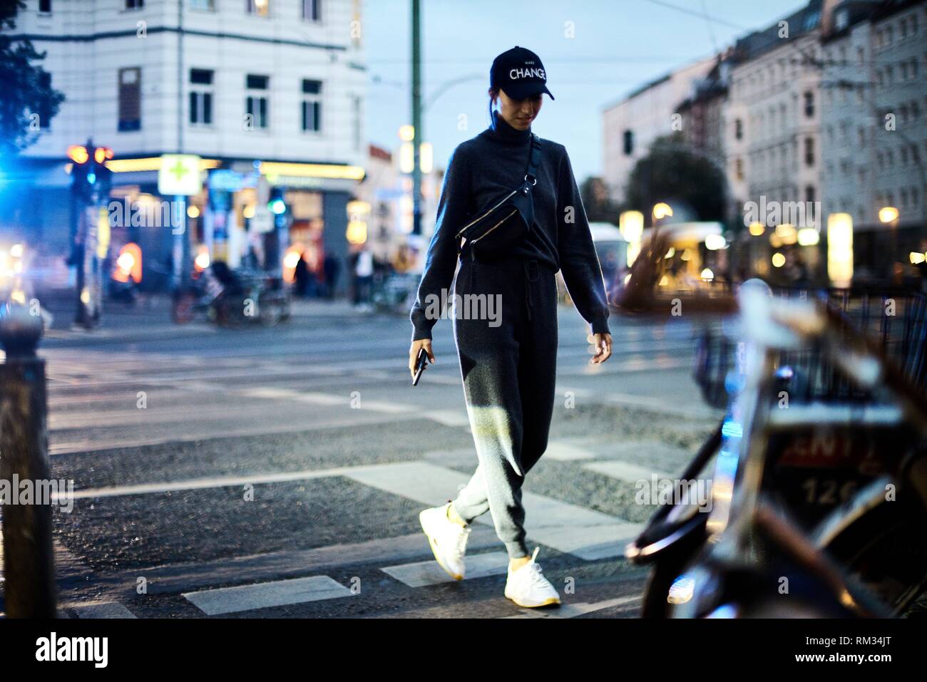 blogger woman walking in Berlin, Germany Stock Photo