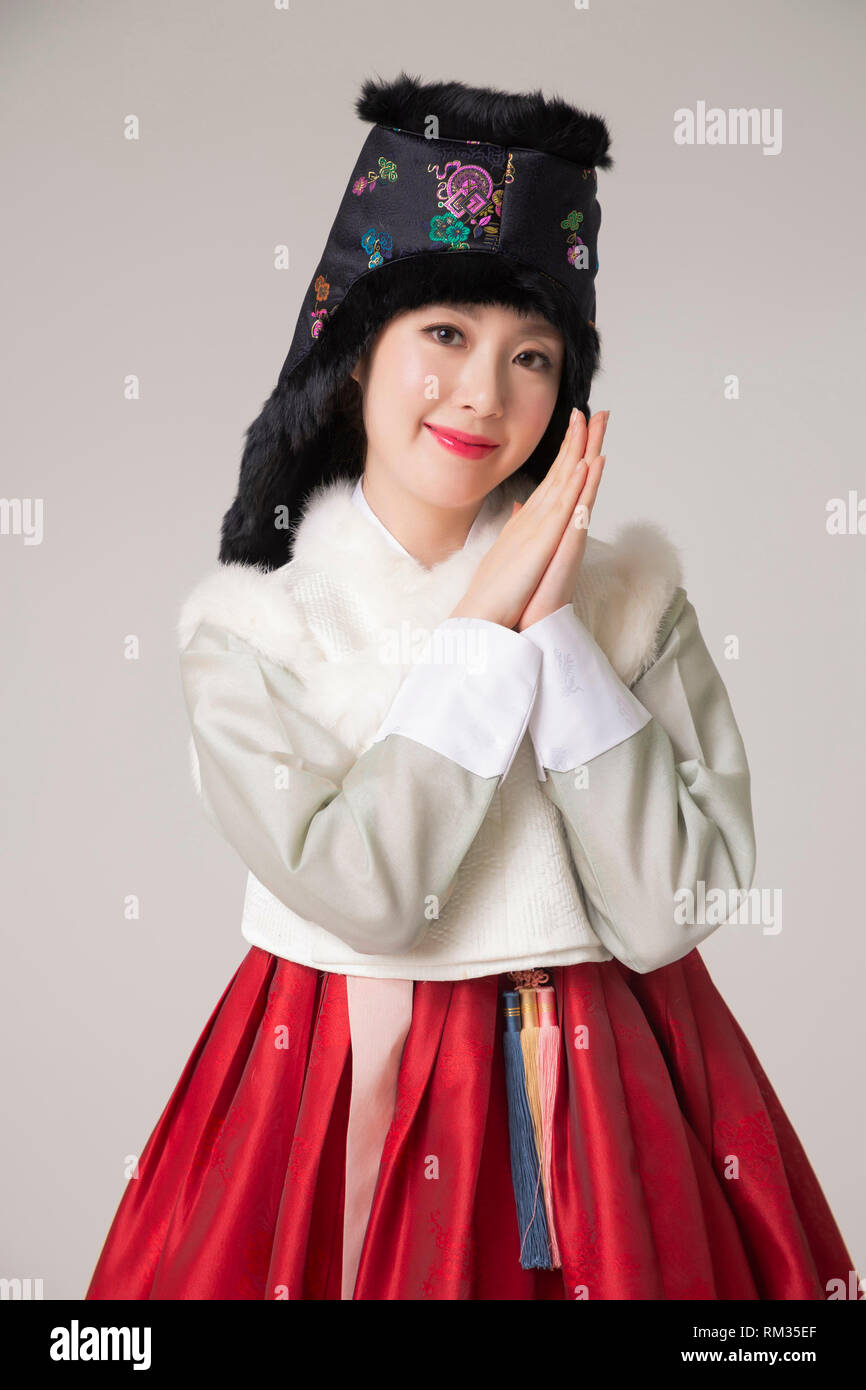 Korean Beauty Concept Photo Young Beautiful Woman Wearing Hanbok
