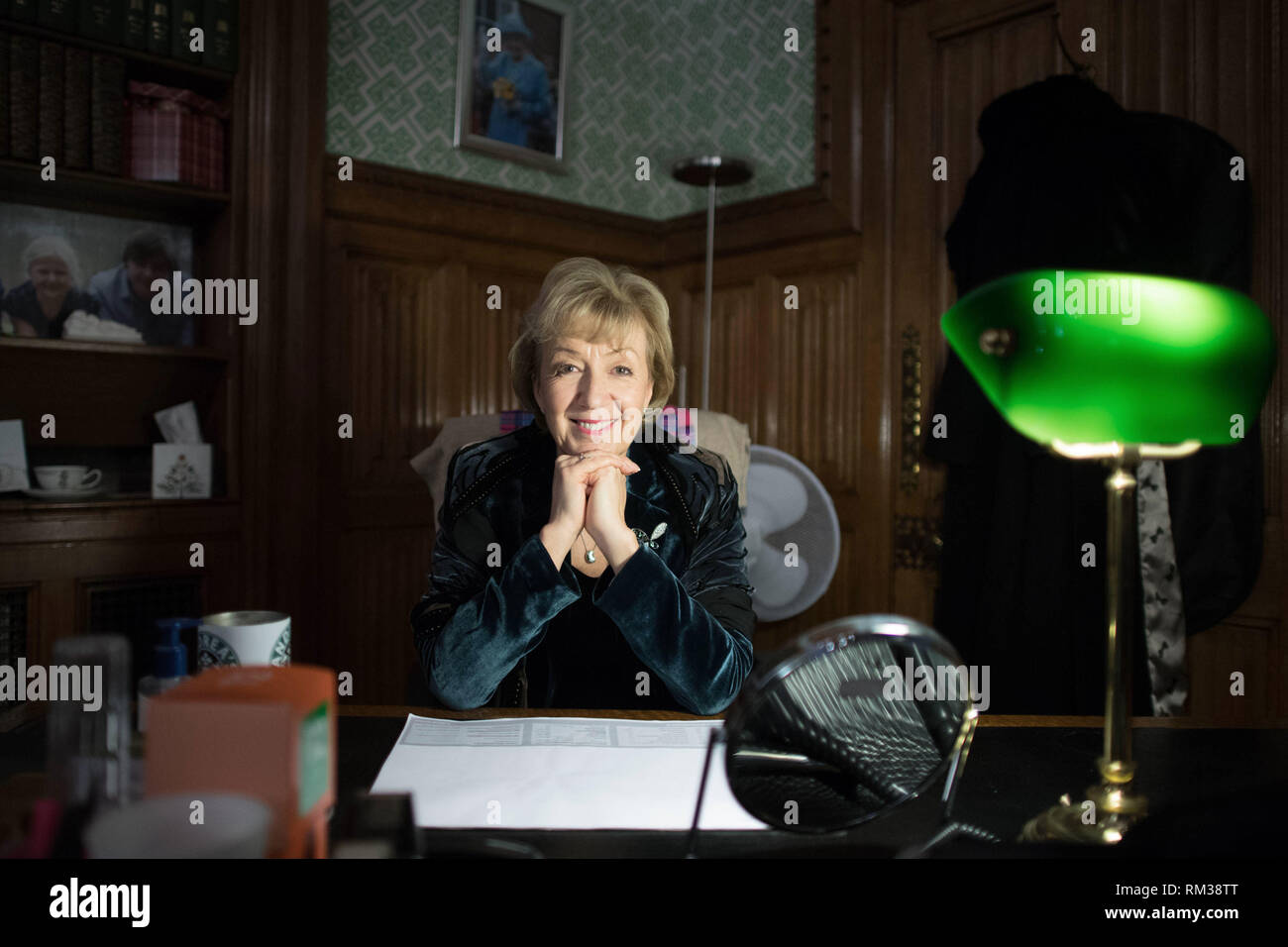 Leader of the House of Commons Andrea Leadsom in her office in the Houses of Parliament, London. She said she was 'desperately keen' to 'crack on' with introducing legislation to establish independent statutory bodies to provide governance for Parliament's restoration work. Stock Photo