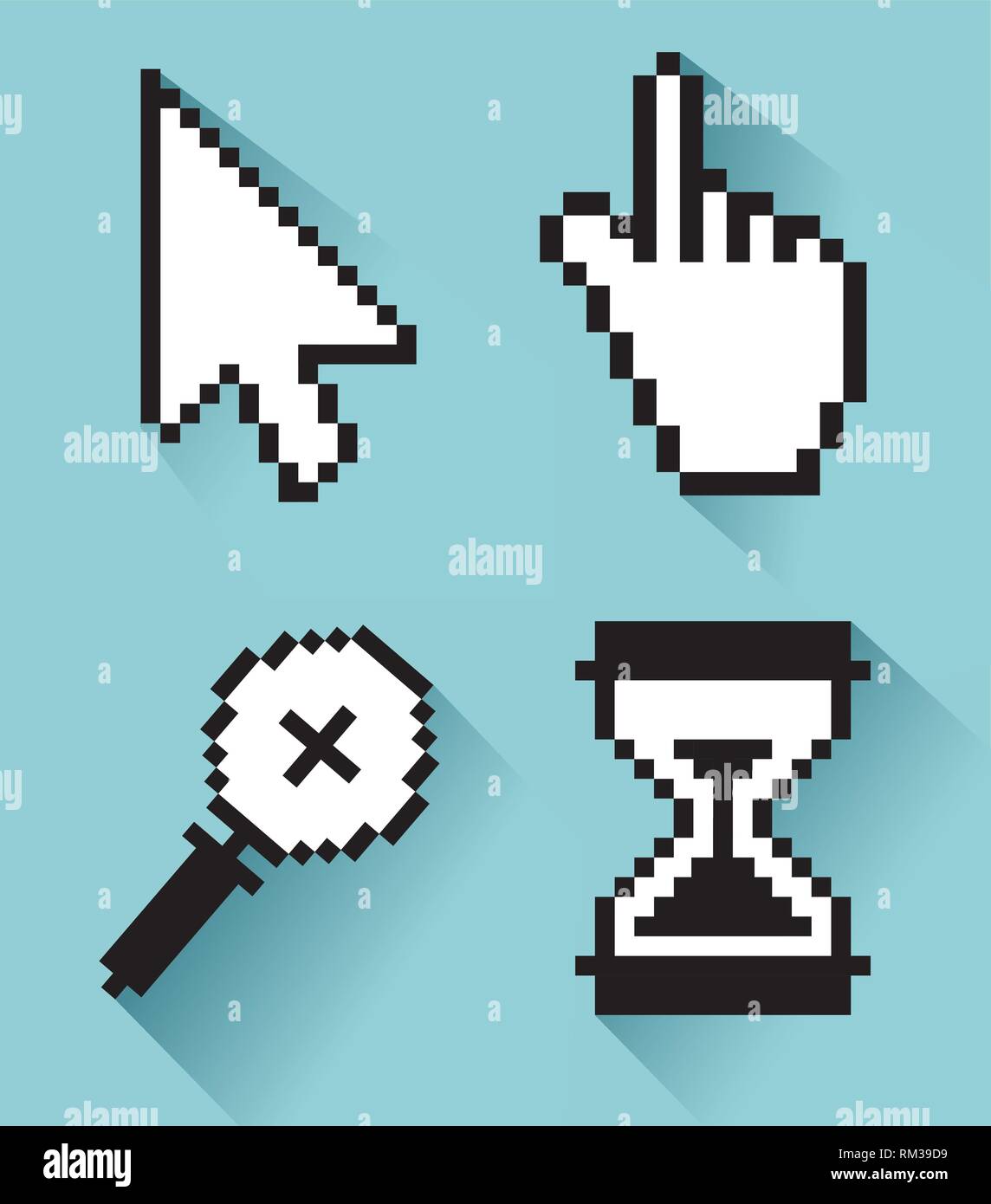 set arrow with hand and magnifying glass with hourglass cursor Stock