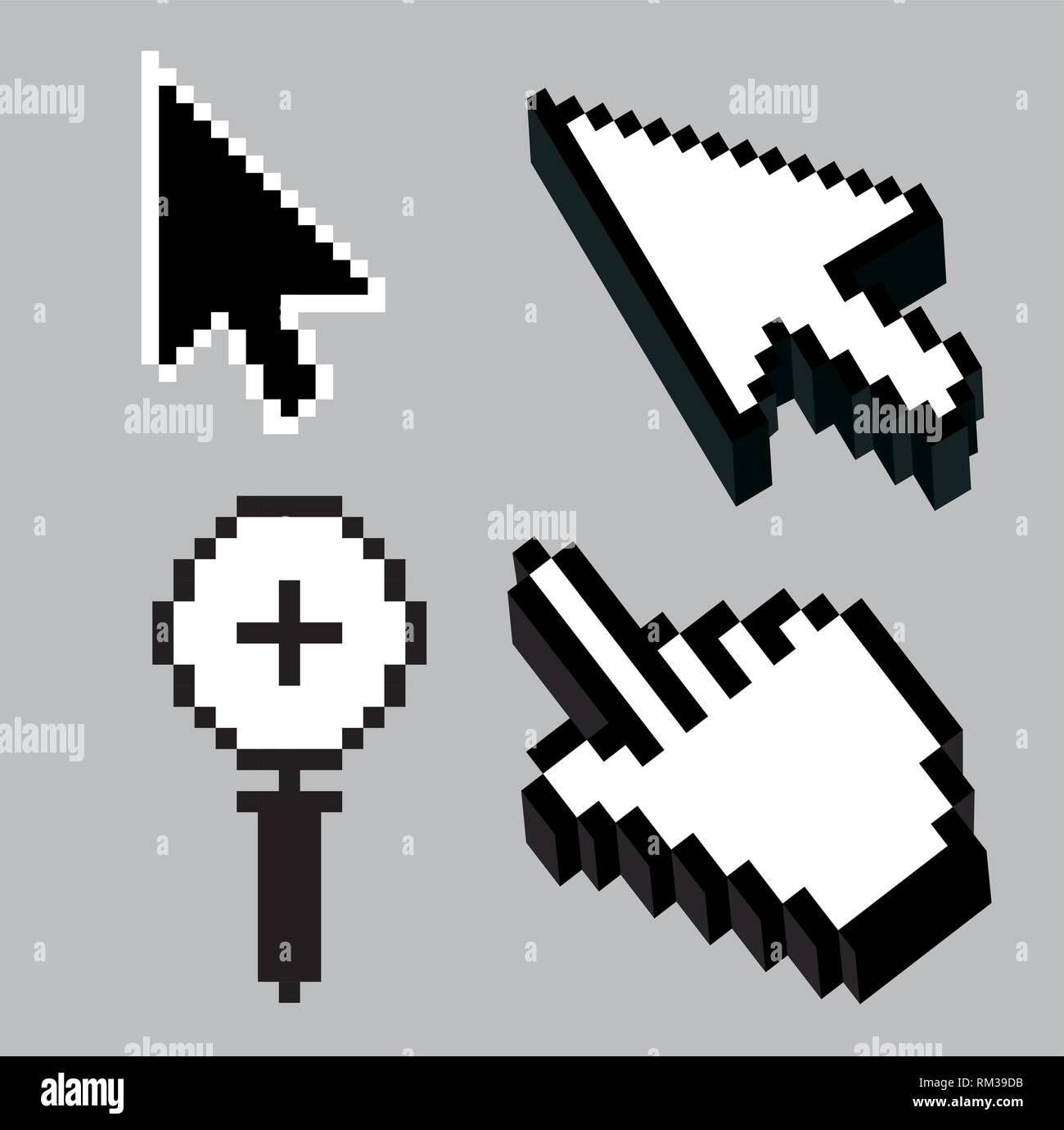 set arrow with magnifying glass and hand cursor Stock Vector Image