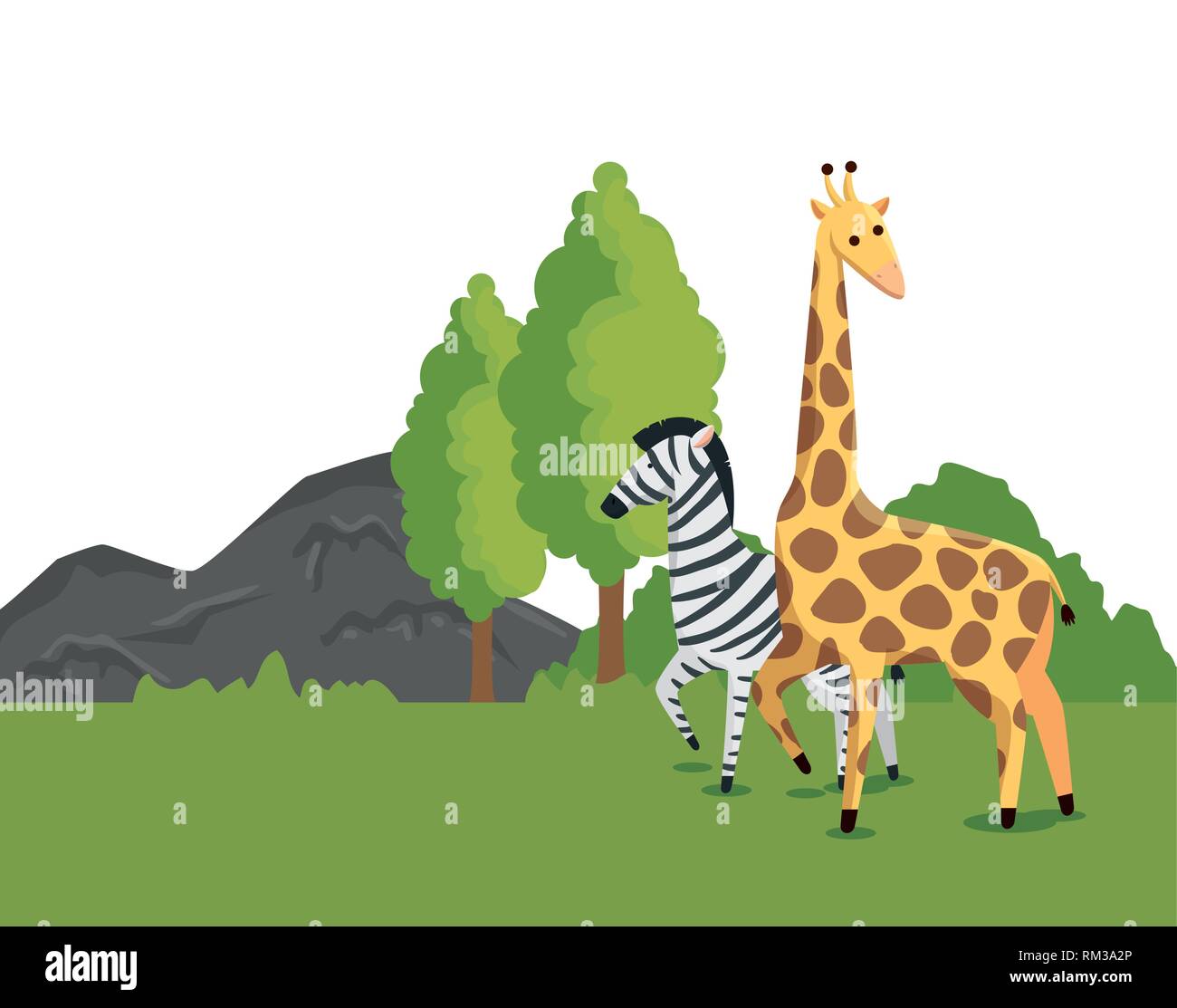 zebra and giraffe wild animls with nature trees Stock Vector Image