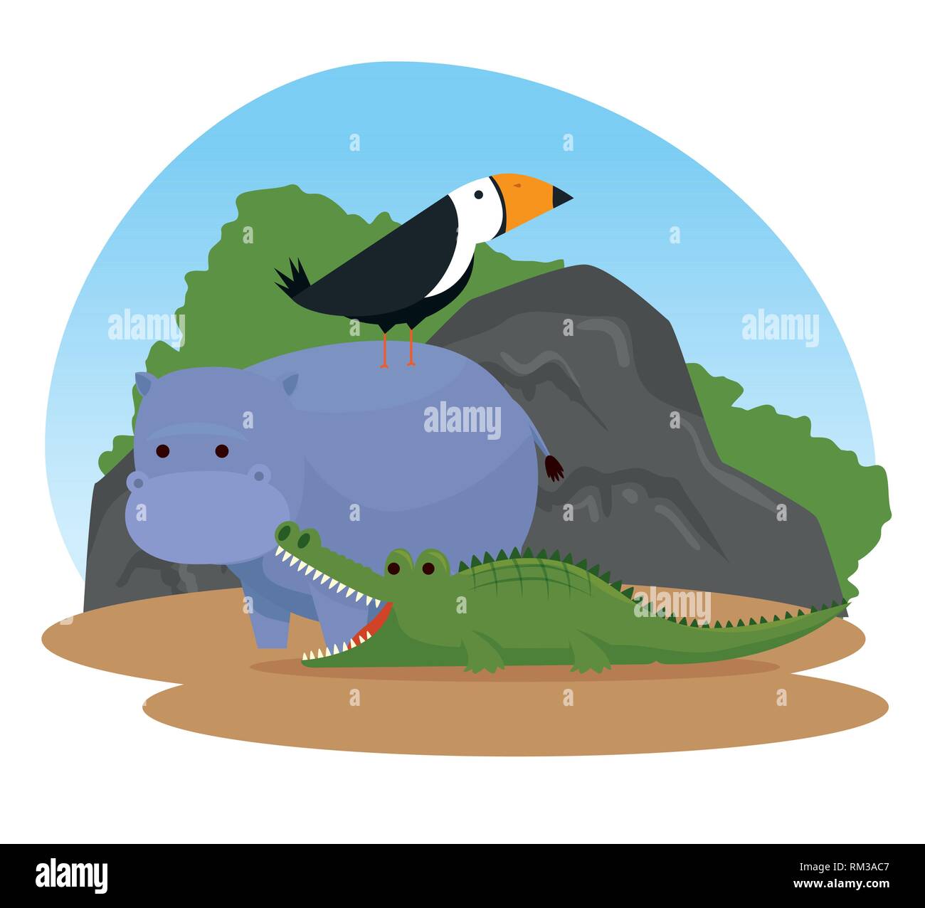 hippopotamus with bird and crocodile wild animals Stock Vector Image ...