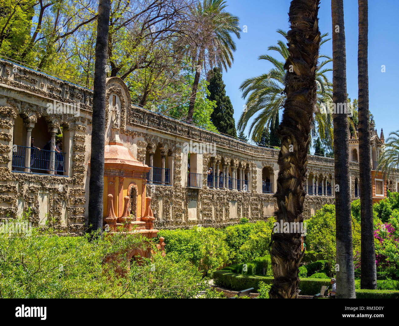 The Galería de Grutesco (Grotesque Gallery) in the gardens of the Alcazar of Seville, a royal palace built on the grounds of a Abbadid Muslim fortress Stock Photo