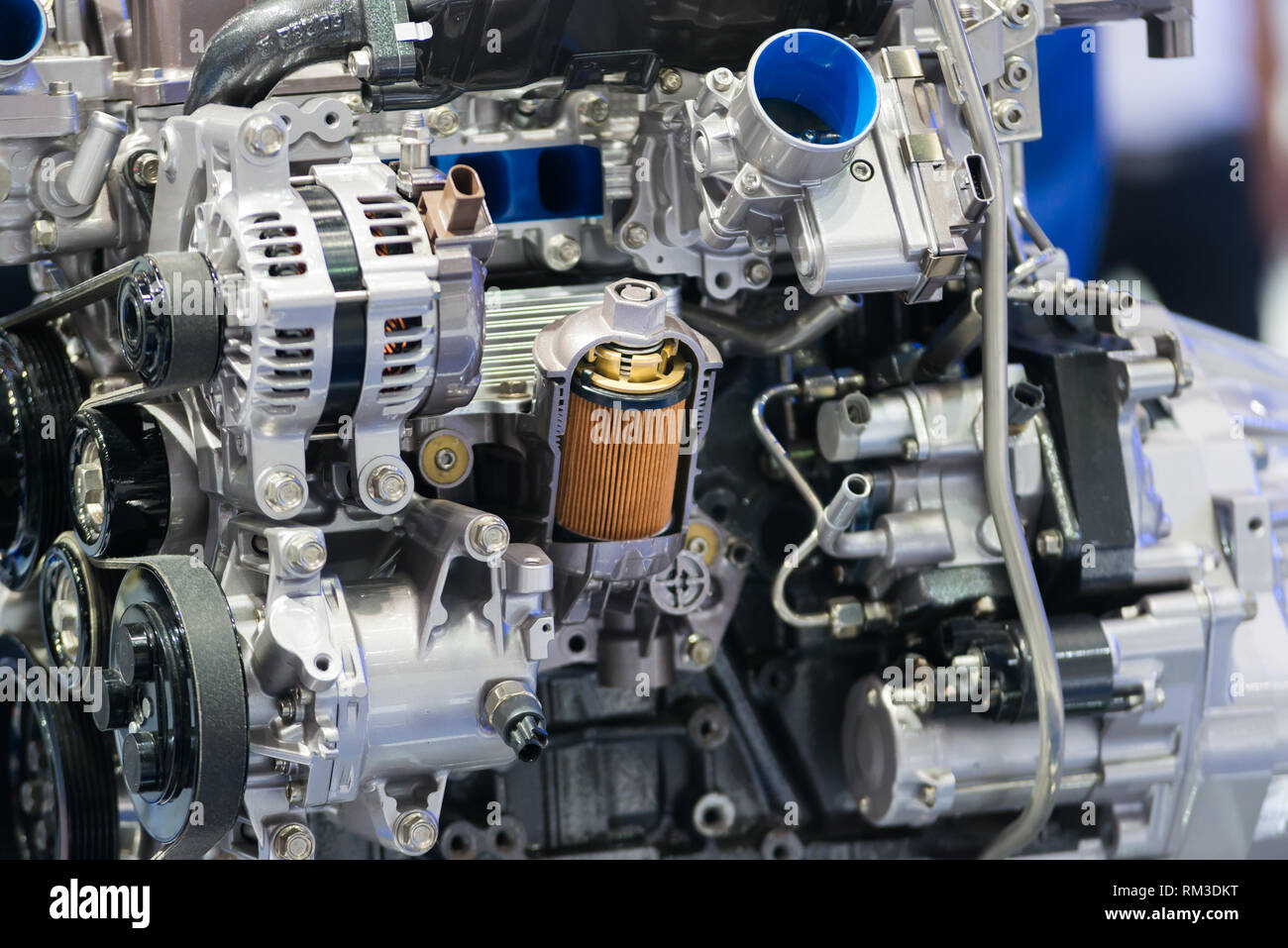 Engine oil filter cross section display inside machine motor in car