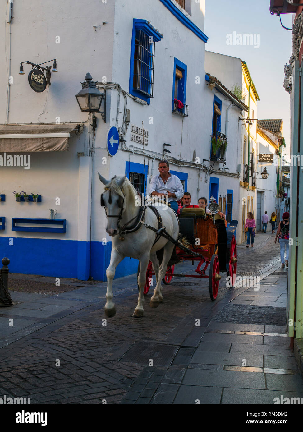 A horse and cart take tourists for for rides through the old streets of Cordoba, Spain. Stock Photo