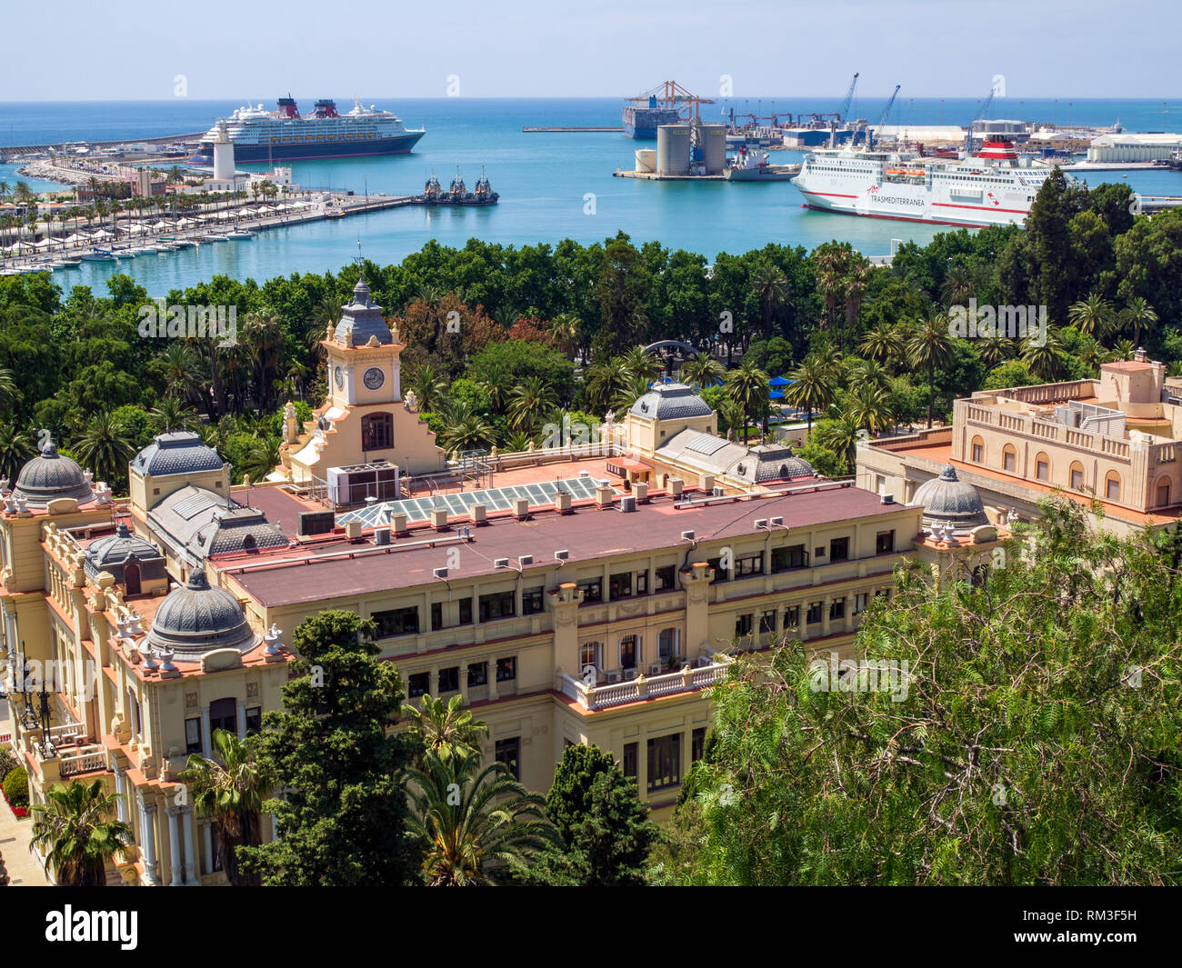 A view over the port of Malaga from the Moorish fort or Alcazaba, in Spain. Stock Photo