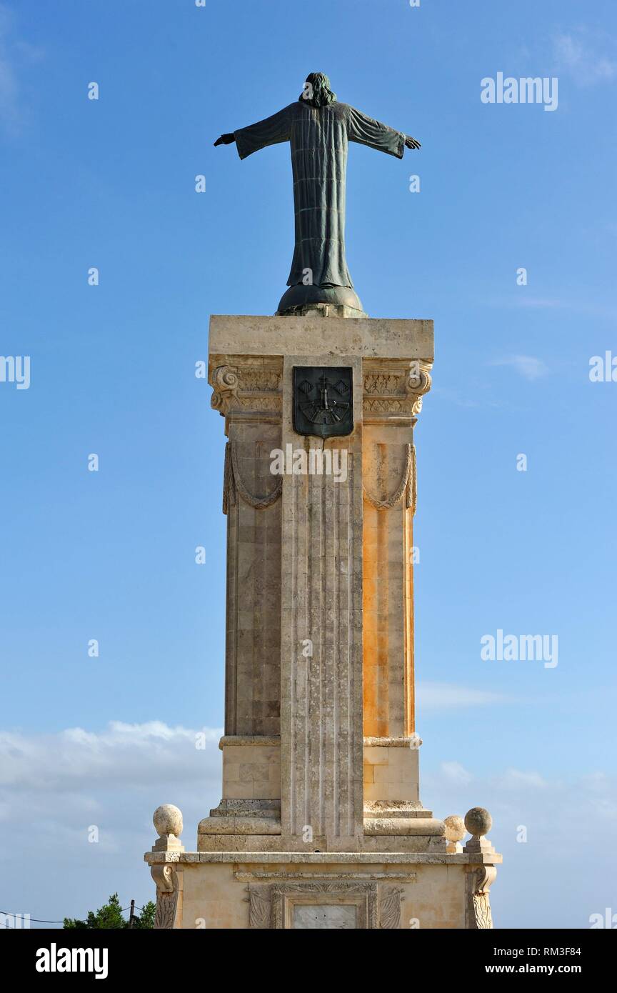 statue of Christ at the top of Monte Toro, the tallest hill of Menorca, Balearic Islands, Spain