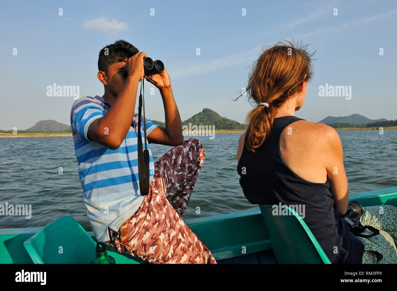 boat trip on the Senanayake Samudraya Lake, Gal Oya National Park, Sri Lanka, Indian subcontinent, South Asia. Stock Photo