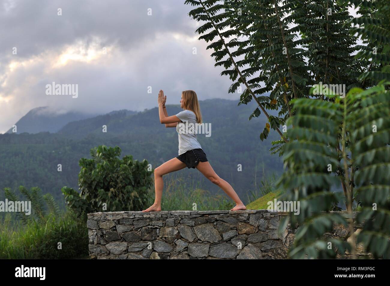 young woman practising yoga posture at Santani Wellness Resort, Arantenna Estate,. Werapitiya, Kandy, Sri Lanka, Indian subcontinent, South Asia. Stock Photo