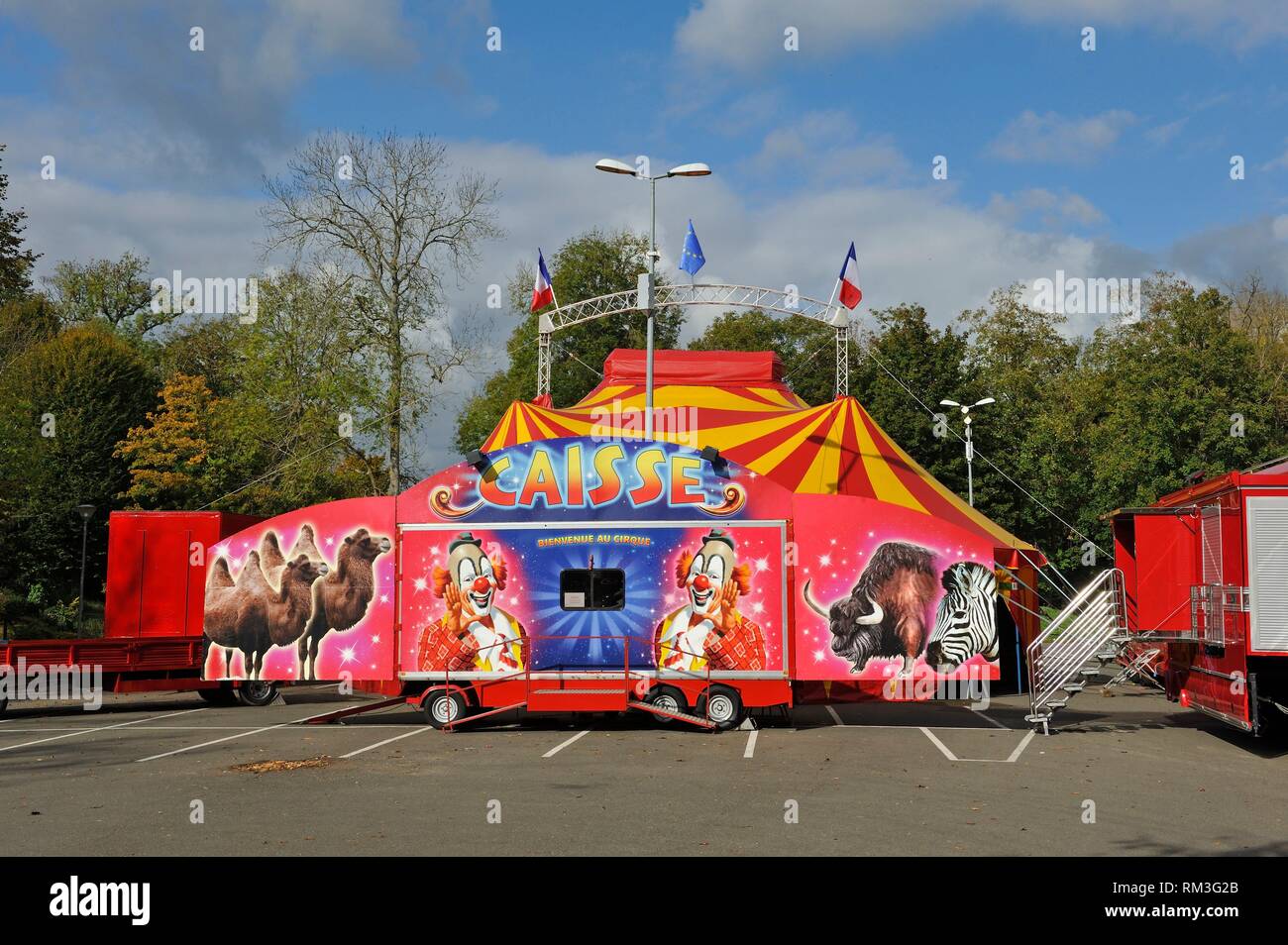 circus traditional marquee installed on a car-park in a village of Centre-Val de Loire Region, France, Europe. Stock Photo