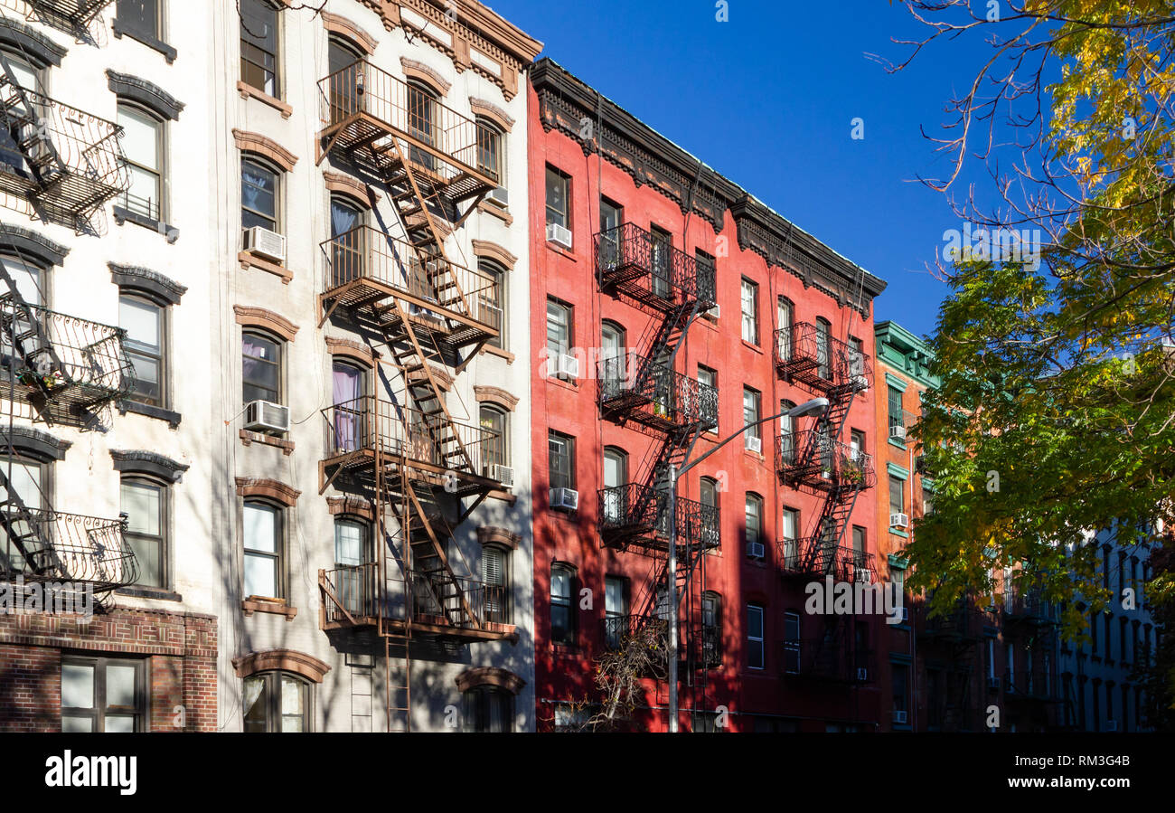 Row of colorful old apartment buildings in the East Village
