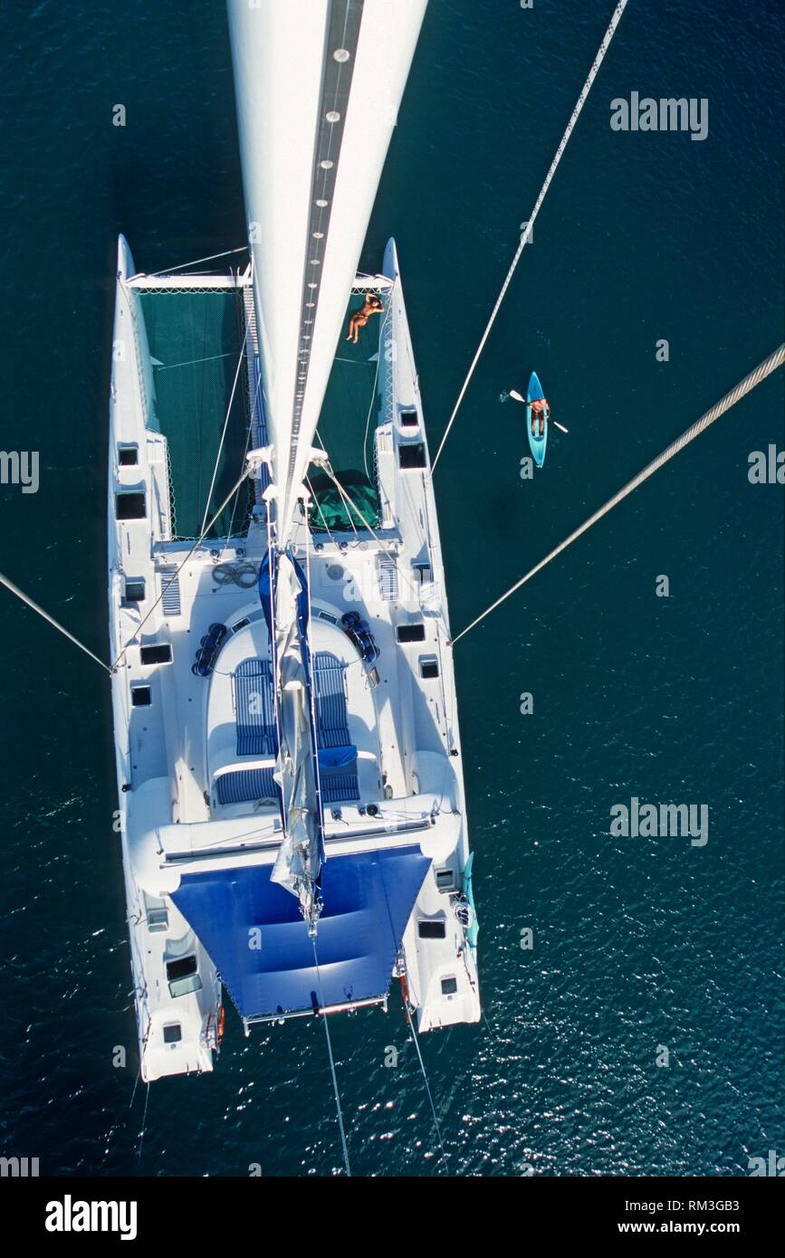 sailing catamaran viewed from the top of the mast, Grenadines Islands, Winward Islands, Lesser Antilles, Caribbean Sea. Stock Photo