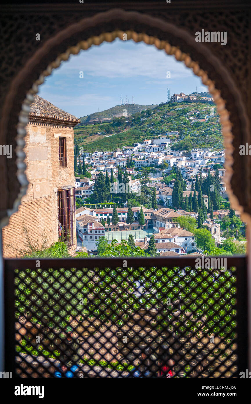 A view from the Alhambra, a 13th century Moorish palace complex in Granada, Spain. Built on Roman ruins, the Alhambra was later inhabited by Christian Stock Photo