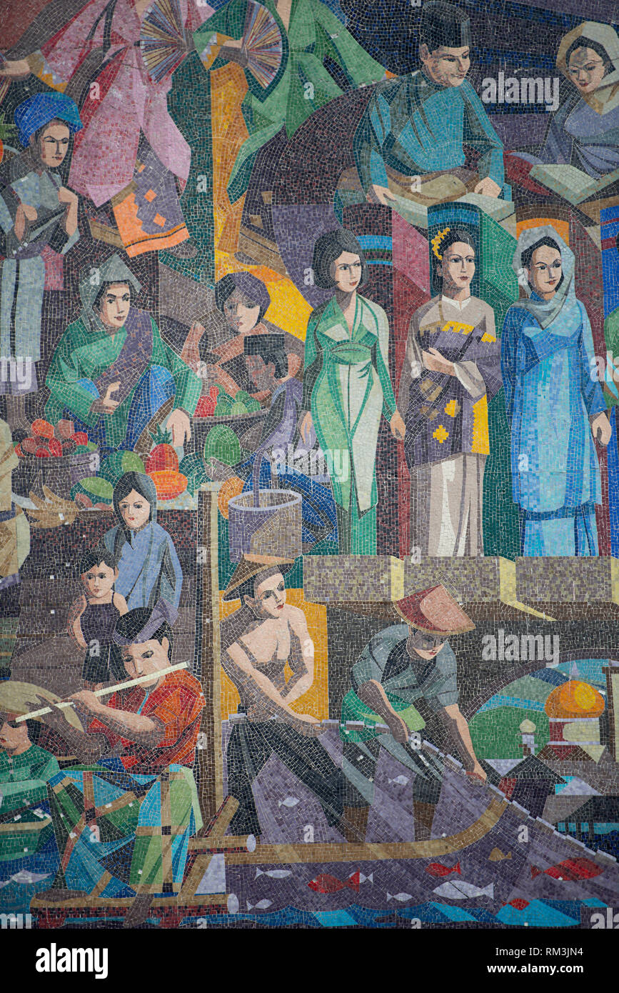 Mosaic, with nationalistic representations of diverse people, culture, music, arts and industries outside Brunei Television building, Bandar Seri Bega Stock Photo