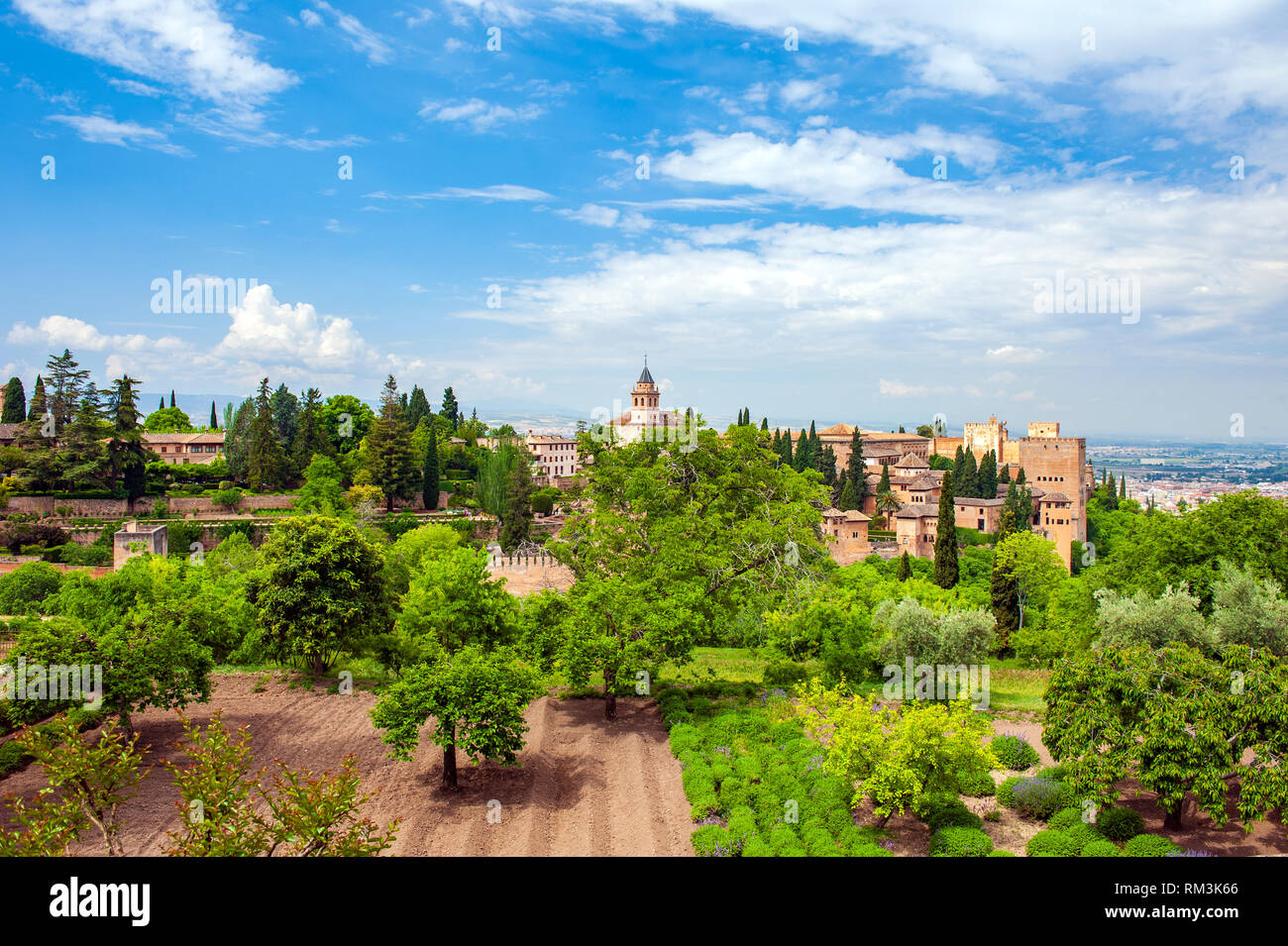 The gardens of the Generalife at the Alhambra, a 13th century Moorish palace complex in Granada, Spain. Built on Roman ruins, the Alhambra was later i Stock Photo
