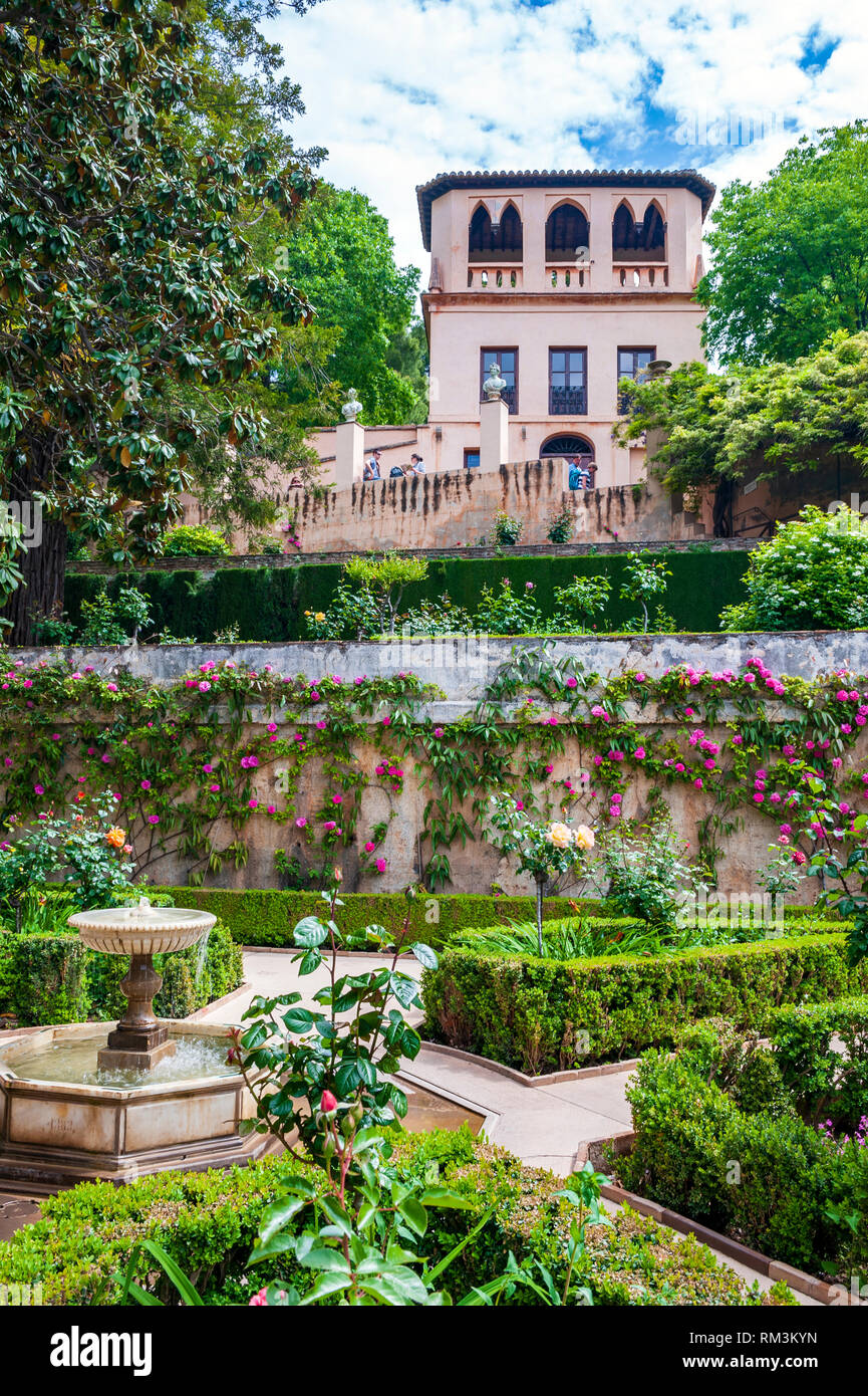 The gardens at the Generalife, or summer palace, at the Alhambra, a 13th century Moorish palace complex in Granada, Spain. Built on Roman ruins, the A Stock Photo