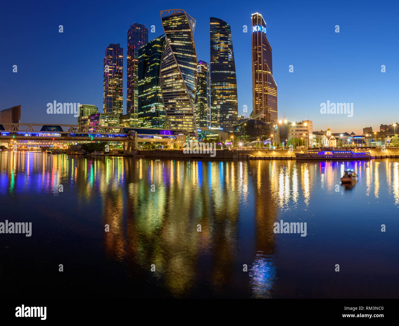 Panoramic night view of the business district in Moscow - Moscow International Business Center 'Moscow City', Russia Stock Photo