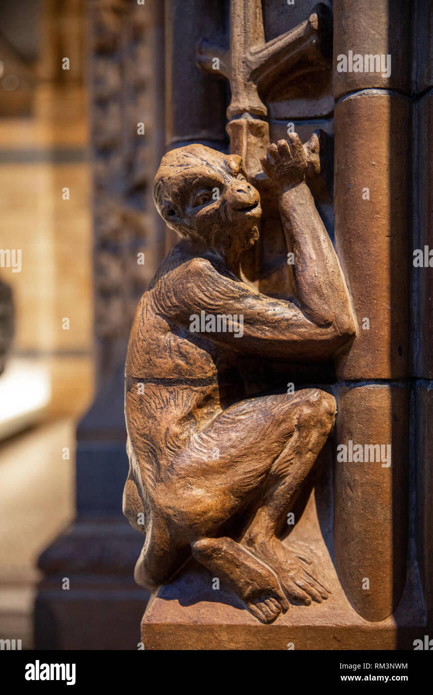 Carved wooden monkeys on the pillars at The Natural History Museum, London, Uk Stock Photo
