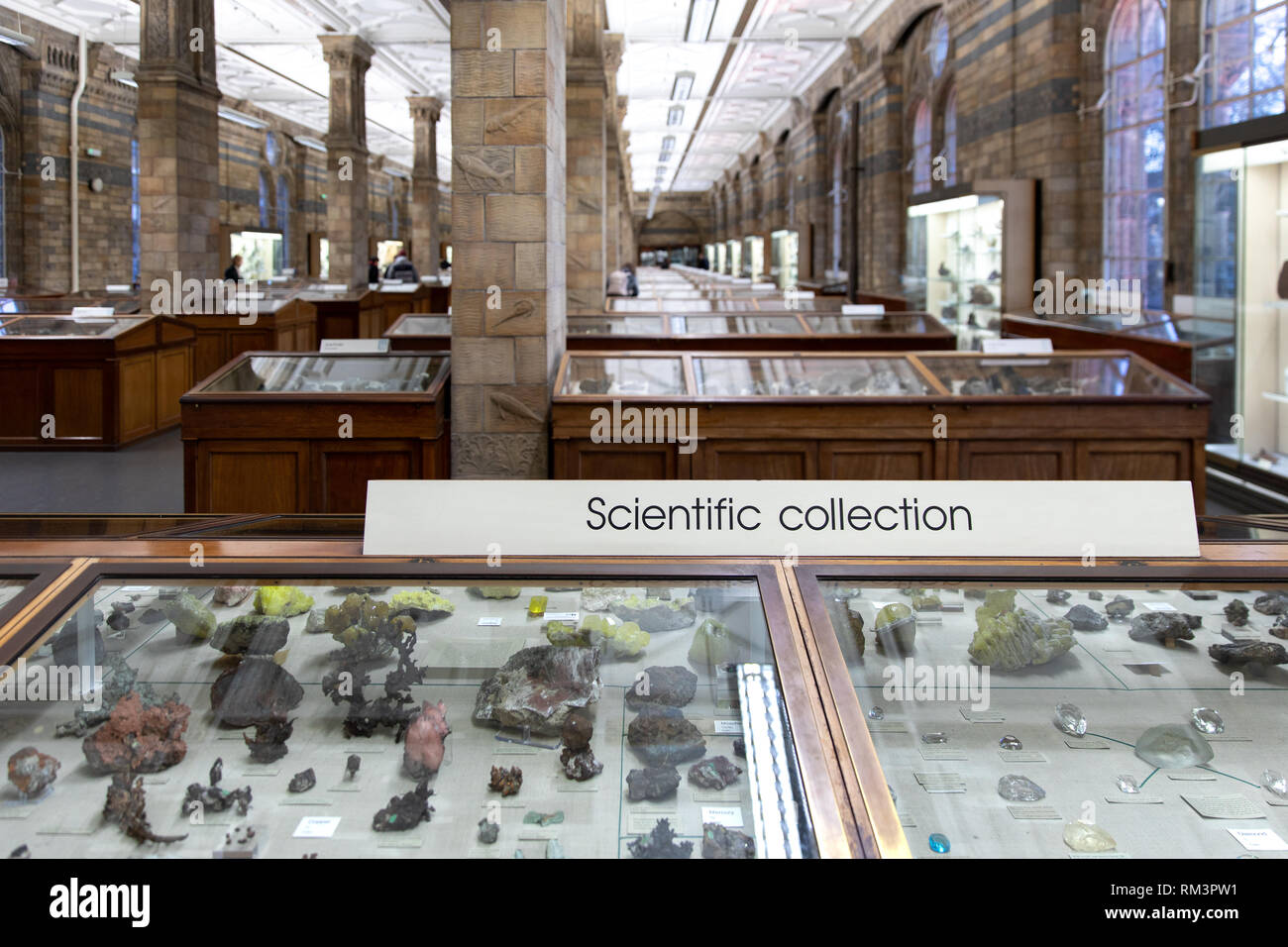 The minerals room at The Natural History Museum, London, Uk Stock Photo