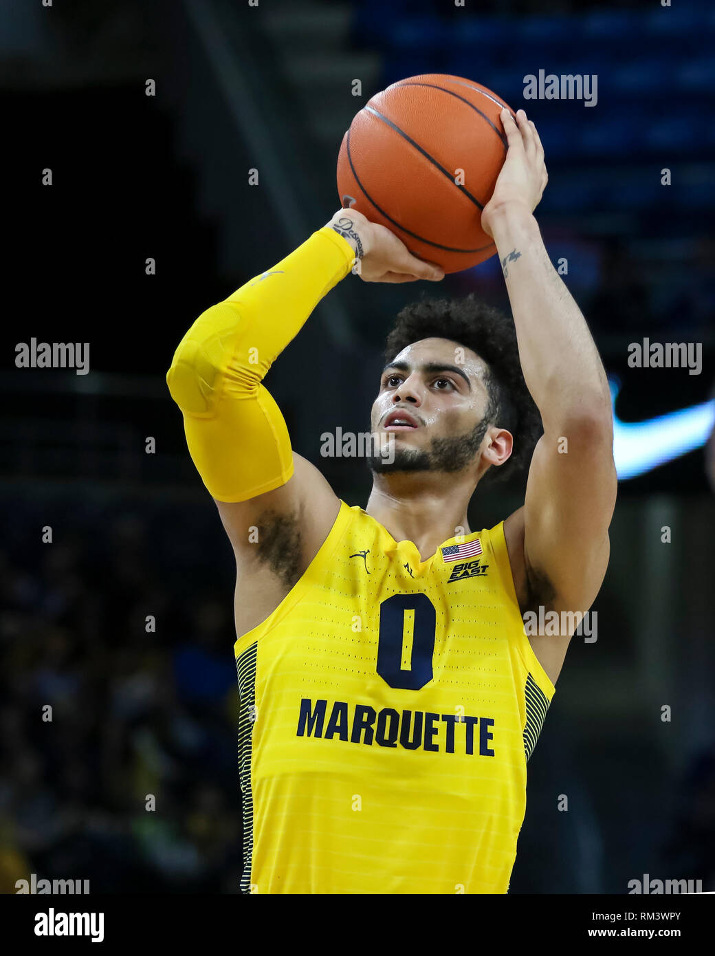 Chicago, USA. 12th Feb 2019. Marquette Golden Eagles guard Markus Howard (0) shoots a free throw during NCAA basketball game between the Marquette Golden Eagles and the DePaul University Blue Demons at Wintrust Arena in Chicago IL. Gary E. Duncan Sr/CSM Credit: Cal Sport Media/Alamy Live News Stock Photo