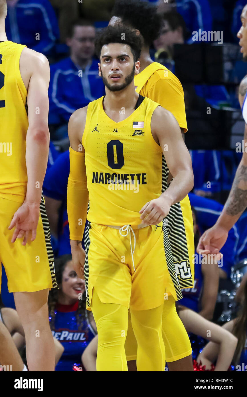 Chicago, USA. 12th Feb 2019. Marquette Golden Eagles guard Markus Howard (0) looks down court after hitting a tough shot during NCAA basketball game between the Marquette Golden Eagles and the DePaul University Blue Demons at Wintrust Arena in Chicago IL. Gary E. Duncan Sr/CSM Credit: Cal Sport Media/Alamy Live News Stock Photo