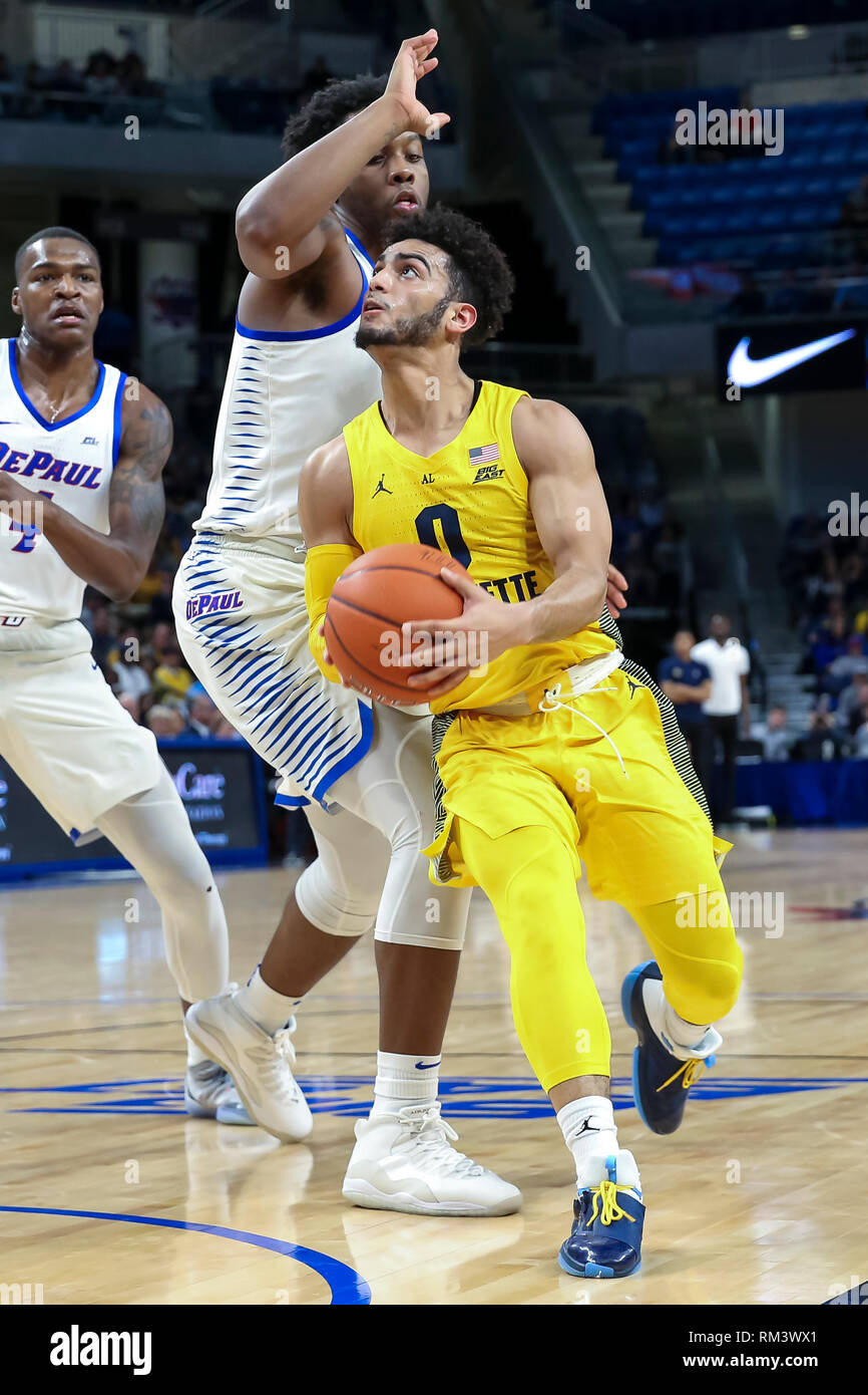 Chicago, USA. 12th Feb 2019. Marquette Golden Eagles guard Markus Howard (0) drives to the basket during NCAA basketball game between the Marquette Golden Eagles and the DePaul University Blue Demons at Wintrust Arena in Chicago IL. Gary E. Duncan Sr/CSM Credit: Cal Sport Media/Alamy Live News Stock Photo