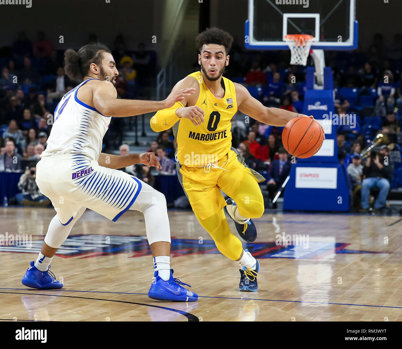 Chicago, USA. 12th Feb 2019. Marquette Golden Eagles guard Markus Howard (0) drives from the top of the key during NCAA basketball game between the Marquette Golden Eagles and the DePaul University Blue Demons at Wintrust Arena in Chicago IL. Gary E. Duncan Sr/CSM Credit: Cal Sport Media/Alamy Live News Stock Photo